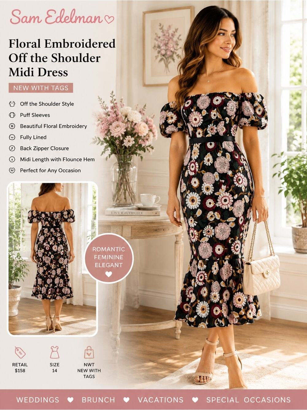 Sam Edelman Off the Shoulder Floral Embroidered Midi Dress Size 14 NWT